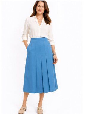 Alfred Sung Sky Blue Wool Midi Skirt Size large High Waist Pleated Vintage Look